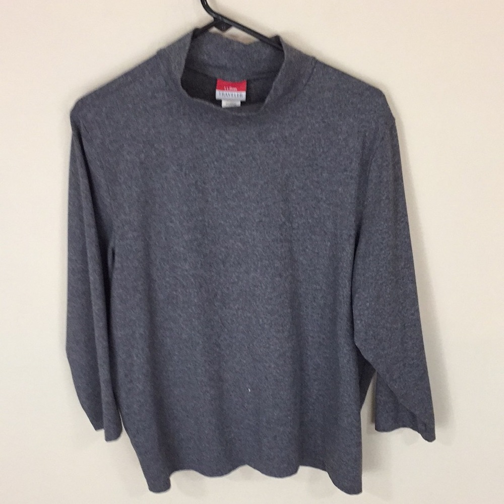 LL Bean Gray Traveler Mock Neck Top Size XL 3/4 Sleeves